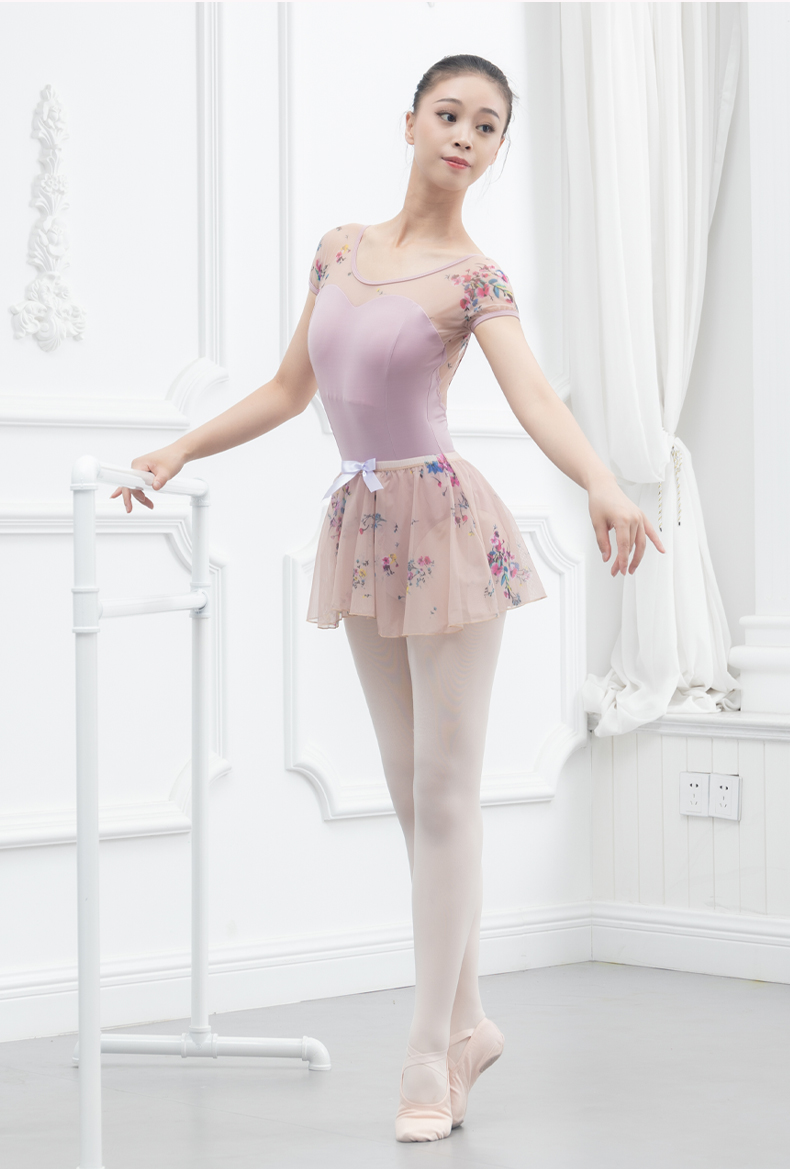 芭尔乐网纱印花短袖舞蹈练功服女套装07B2005